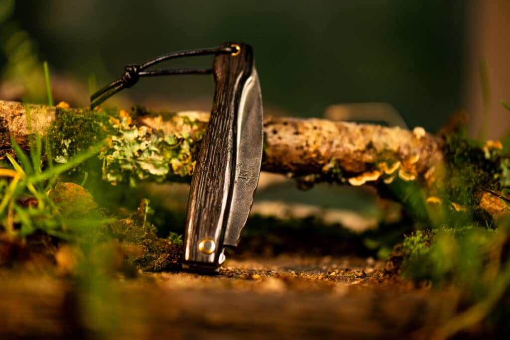 Couteau pliant brut de forge posé contre une branche d'arbre