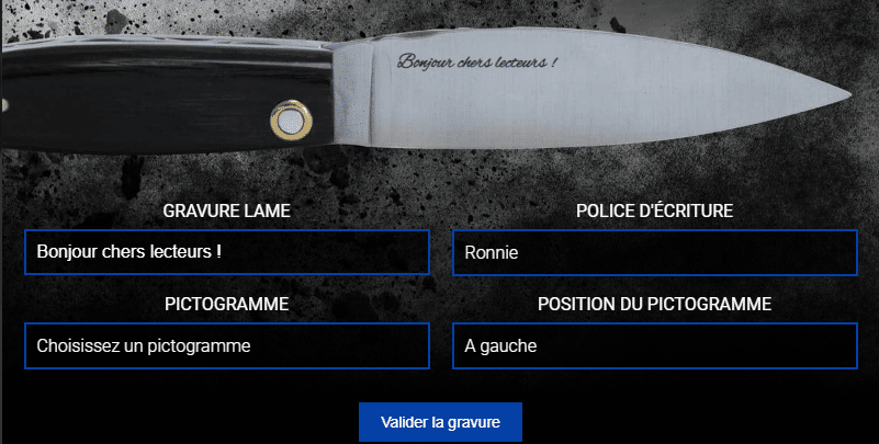 Screenshot of a knife personalization interface, offering options for engraving text, selecting font style and placing a pictogram, all designed to visualize and confirm the personalized engraving before proceeding with the order.